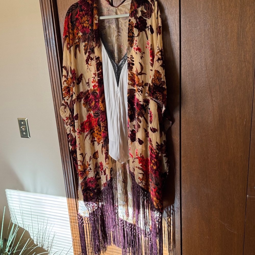 Buckle Floral Kimono with velvet/Fringe - Red, Purple, Cream w/silk/lace tank